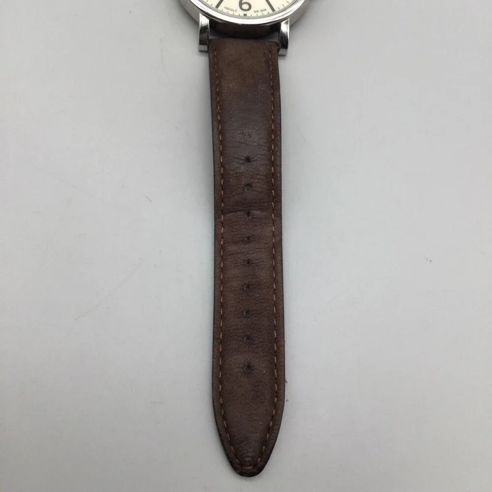 Timex Indiglo WR 30M Mens Watch 42mm Cream Dial Brown Leather T2P526 New Battery